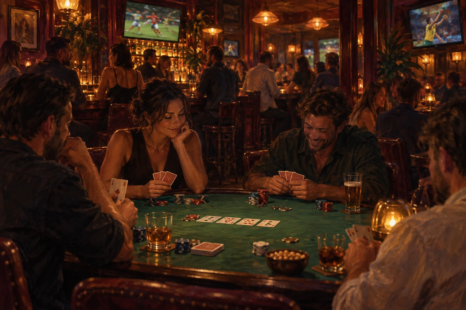 Painterly bar scene with adults at a green felt table, sports screens and warm pendant lights