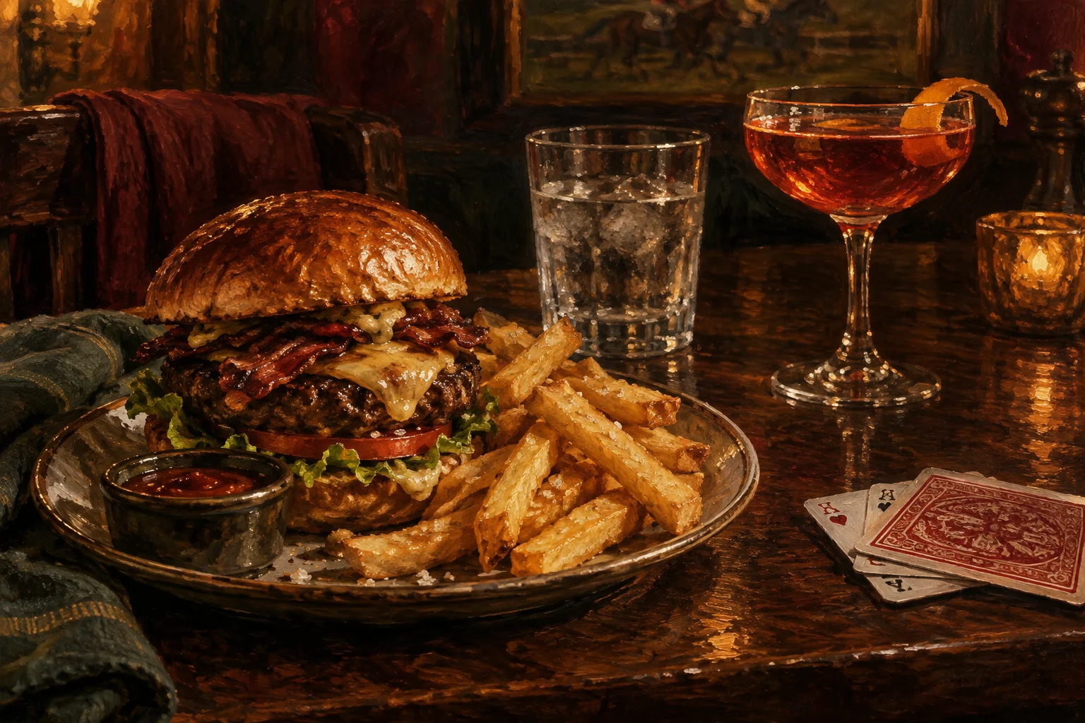 Editorial still life of a burger, chips, water and a cocktail on a dark timber pub table